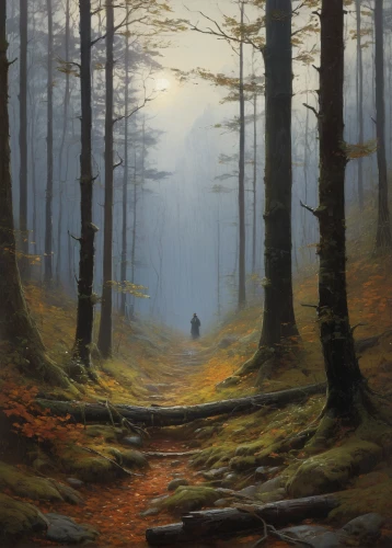 forest landscape,forest path,the mystical path,foggy forest,pathway,the path,autumn forest,forest road,hollow way,forest walk,hiking path,autumn landscape,deciduous forest,the forest,appalachian trail,path,forest glade,forest of dreams,autumn fog,andreas cross,Art,Classical Oil Painting,Classical Oil Painting 32