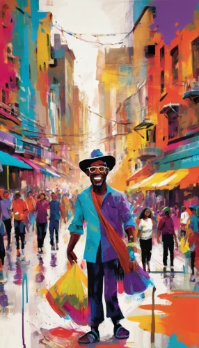 man with umbrella,colorful city,pedestrian,a pedestrian,havana,zanzibar,hanoi,painting technique,santiago di cuba,harlem,cuba havana,world digital painting,cuba,kampala,havana cuba,mardi gras,galata,cartagena,african businessman,italian painter,Conceptual Art,Oil color,Oil Color 21