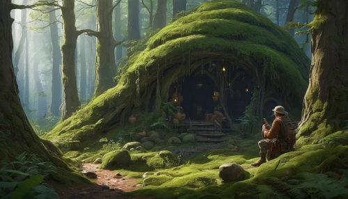 house in the forest,elven forest,hobbit,druid grove,the forest,forest path,old-growth forest,forest chapel,witch's house,in the forest,forest glade,forest workplace,studio ghibli,green forest,forest,fairy forest,the mystical path,jrr tolkien,holy forest,redwoods,Art,Classical Oil Painting,Classical Oil Painting 23