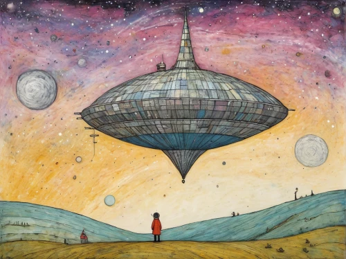 heliosphere,gas balloon,flying saucer,planetarium,orbiting,cosmos field,sci fiction illustration,astral traveler,astronomer,space ship,ufo,travelers,cosmos wind,airship,rocketship,airships,musical dome,globetrotter,starfield,brauseufo,Art,Artistic Painting,Artistic Painting 49
