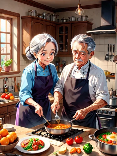 old couple,grandparents,acerola family,elderly people,cooking show,food and cooking,cooking book cover,food preparation,pensioners,menemen,cooking vegetables,cookware and bakeware,cookery,chefs,sicilian cuisine,senior citizens,pappa al pomodoro,digital compositing,grandparent,cooking utensils,Anime,Anime,General