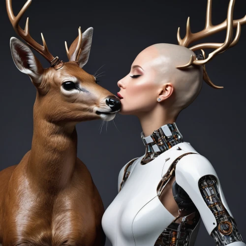 human and animal,humanoid,artificial hair integrations,artificial intelligence,anthropomorphized animals,cybernetics,metal implants,santa claus with reindeer,bodypaint,prosthetics,artist's mannequin,deer,streampunk,wearables,human,cyborg,reindeer,robots,eurythmics,mannequins