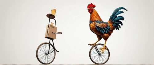 rooster in the basket,balance bicycle,anthropomorphized animals,hybrid bicycle,vintage rooster,velocipede,stationary bicycle,artistic cycling,bike pop art,whimsical animals,feathered race,tandem bicycle,bicycle saddle,domestic chicken,bicycle accessory,chicken bird,landfowl,racing bicycle,redcock,road bicycle,Conceptual Art,Oil color,Oil Color 24