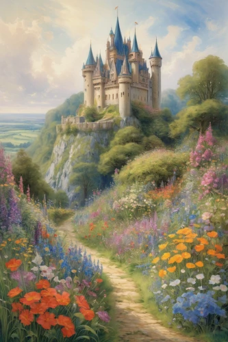 fairy tale castle,fairytale castle,fairy tale castle sigmaringen,fairy tale,hohenzollern castle,a fairy tale,fantasy landscape,fantasy picture,disney castle,fairytale,children's fairy tale,fantasy world,flower garden,sleeping beauty castle,knight's castle,castle of the corvin,fairy world,castel,cinderella's castle,flower field,Art,Classical Oil Painting,Classical Oil Painting 13