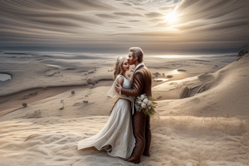 girl on the dune,loving couple sunrise,beach moonflower,wedding photography,fantasy picture,dune landscape,photo manipulation,romantic portrait,white sands dunes,shepherd romance,romantic scene,admer dune,dune sea,love in the mist,wedding photo,wedding couple,sand dune,silver wedding,photomanipulation,bride and groom