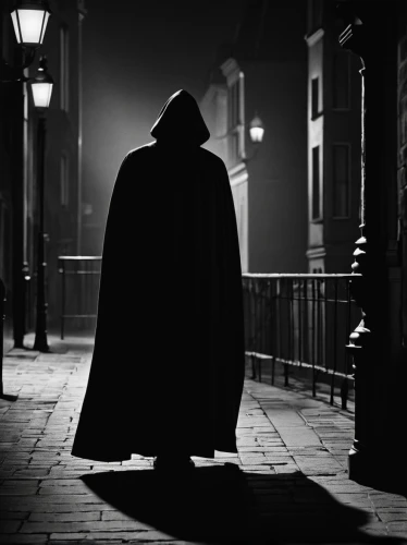 hooded man,cloak,film noir,grim reaper,grimm reaper,anonymous,sleepwalker,black coat,mysterious,in the shadows,black city,doctor doom,dark gothic mood,dance of death,caped,vader,dark side,mystery man,reaper,sherlock holmes,Photography,Black and white photography,Black and White Photography 01