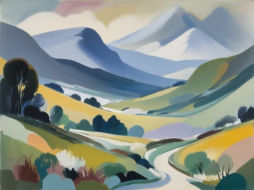 mountain scene,mountain landscape,brook landscape,mountain pass,mountainous landscape,salt meadow landscape,valley,painterly,mountain valley,moutains,high landscape,mountainside,braque d'auvergne,landscape,yellow mountains,rural landscape,small landscape,mountains,highlands,autumn landscape,Art,Artistic Painting,Artistic Painting 41