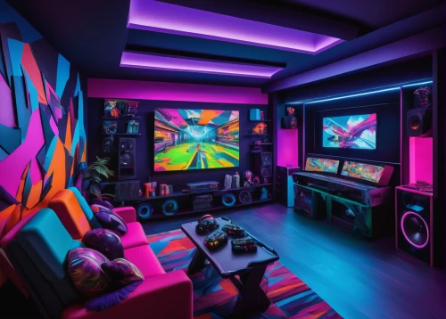 home theater system,home cinema,game room,great room,kids room,little man cave,modern room,playing room,entertainment center,bonus room,livingroom,modern decor,living room,interior design,color wall,recreation room,creative office,family room,apartment lounge,colored lights,Art,Artistic Painting,Artistic Painting 34