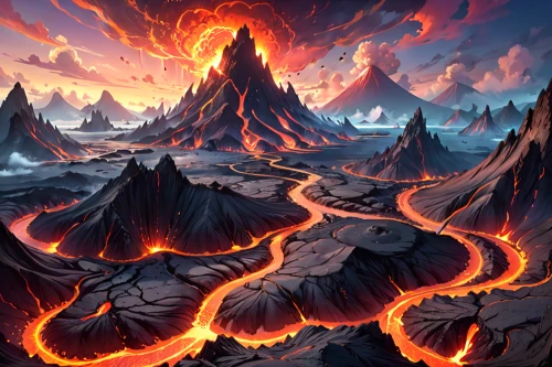 volcanic landscape,volcanic field,fire mountain,lava,volcanos,volcano,volcanism,volcanic,lava river,fire in the mountains,lava plain,scorched earth,lava dome,volcanoes,fire background,magma,burning earth,volcanic eruption,lava cave,lava flow,Anime,Anime,General