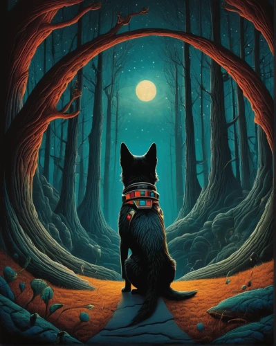 howling wolf,red riding hood,fox,little red riding hood,schipperke,halloween cat,child fox,black cat,hollyleaf cherry,rescue alley,cd cover,thundercat,garden-fox tail,forest dark,fantasy picture,wolfman,forest animal,the cat,felidae,little fox,Illustration,Abstract Fantasy,Abstract Fantasy 19