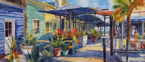 watercolor shops,french quarters,key west,new orleans,coconut grove,watercolor cafe,row houses,charleston,old linden alley,majorelle blue,galveston,cottages,broadway at beach,narrow street,row of houses,santa barbara,aruba,hacienda,watercolor painting,laneway,Illustration,Paper based,Paper Based 11