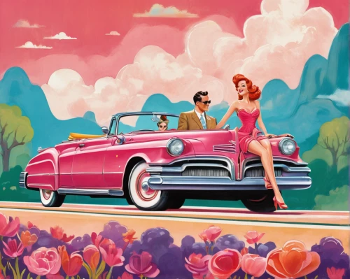 pink car,retro pin up girls,50's style,retro car,retro automobile,valentine day's pin up,honeymoon,pin-up girls,50s,flamingo couple,retro women,vintage illustration,retro 1950's clip art,nash metropolitan,retro background,pin up girls,car hop,edsel bermuda,car rental,mercury meteor,Illustration,Abstract Fantasy,Abstract Fantasy 13