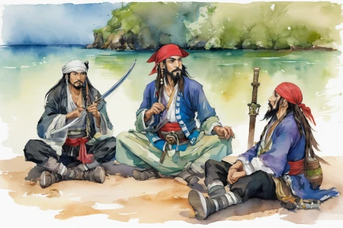 pirates,the three magi,pirate treasure,island residents,sea scouts,water color,island group,wise men,three wise men,water colors,nomadic people,men sitting,east indiaman,fishing classes,maties,caravel,watercolors,game illustration,the people in the sea,the three wise men,Illustration,Paper based,Paper Based 06