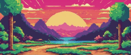 pixel art,retro background,forests,the forests,acid lake,mountain world,mushroom landscape,retro styled,valley,lagoon,forest,mountains,futuristic landscape,dusk,retro frame,the forest,forest background,oasis,dusk background,chasm,Unique,Pixel,Pixel 04