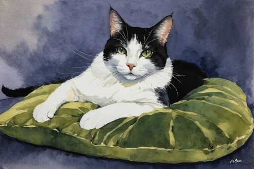 cat portrait,pet portrait,watercolor cat,calico cat,calico,cat resting,artist portrait,blue pillow,portrait of christi,animal portrait,pferdeportrait,cat on a blue background,cat image,cat european,cat in bed,cat frame,cat,custom portrait,cloves schwindl inge,capricorn kitz,Illustration,Paper based,Paper Based 05