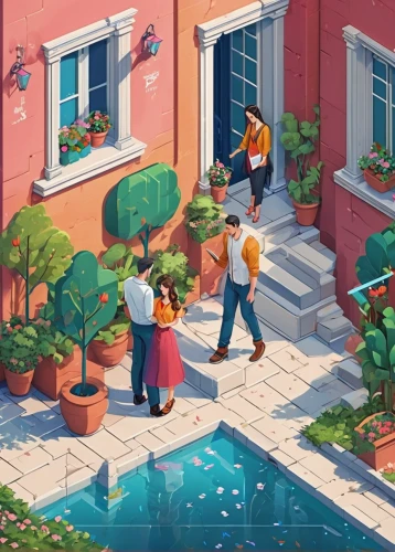 game illustration,isometric,an apartment,koi pond,camera illustration,shared apartment,residents,istanbul,idyllic,neighborhood,landscaping,apartment complex,neighbourhood,gardening,house painting,home landscape,people fishing,oasis,sci fiction illustration,game art,Unique,3D,Isometric