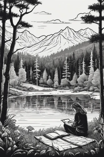 trillium lake,lake tanuki,cool woodblock images,mountainlake,mountain lake,the lake,lakeside,jrr tolkien,tranquility,lake,winter lake,peaceful,hand-drawn illustration,salt meadow landscape,evening lake,river pines,spruce forest,tranquil,idyll,alpine lake,Conceptual Art,Fantasy,Fantasy 12