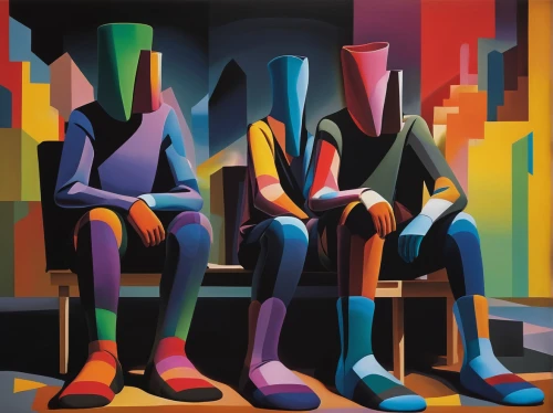 men sitting,musicians,capital cities,conversation,chairs,rainbow jazz silhouettes,two people,cubism,chess men,chess pieces,dualism,contemporary witnesses,three primary colors,violinists,artists,shoemaker,abstract cartoon art,man and woman,vertical chess,nonconformist,Art,Artistic Painting,Artistic Painting 34