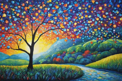 colorful tree of life,painted tree,oil painting on canvas,flourishing tree,tangerine tree,colorful stars,colored pencil background,colorful star scatters,orange tree,tree torch,oil on canvas,colorful light,tree grove,magic tree,frutti di bosco,art painting,watercolor tree,tree lights,autumn landscape,autumn tree,Illustration,Paper based,Paper Based 10