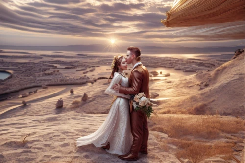 loving couple sunrise,fantasy picture,romantic scene,wedding photography,honeymoon,wedding couple,romantic portrait,photo manipulation,world digital painting,wedding photo,shepherd romance,golden weddings,sun bride,photomanipulation,fantasy art,admer dune,silver wedding,girl on the dune,amorous,bride and groom