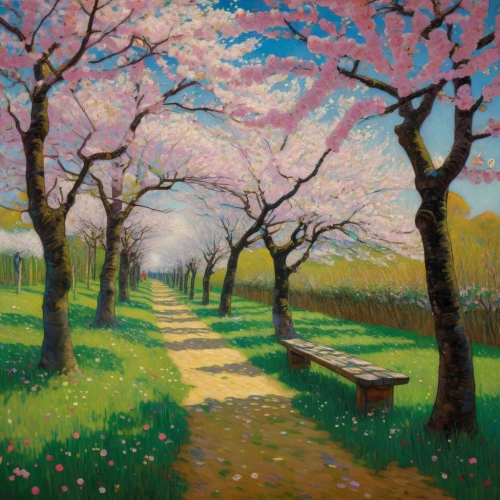 cherry trees,sakura trees,cherry blossom tree-lined avenue,japanese cherry trees,magnolia trees,takato cherry blossoms,blooming trees,the cherry blossoms,almond trees,cherry tree,flowering trees,spring blossoms,tree lined path,sakura tree,still life of spring,pathway,row of trees,orchards,tree lined lane,springtime background,Art,Artistic Painting,Artistic Painting 32