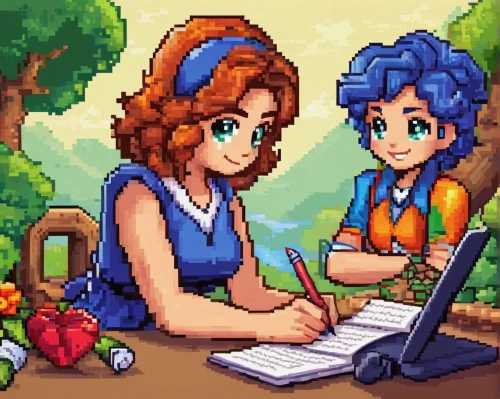 children studying,pixel art,acerola family,game illustration,tutoring,acerola,children drawing,pixelgrafic,girl studying,retro styled,game drawing,children learning,retro women,kids illustration,pixel cells,artocarpus,adventure game,amiga,forest workers,classroom training,Unique,Pixel,Pixel 05