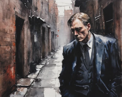 lee child,smoking man,holmes,blind alley,overcoat,italian painter,man with umbrella,sherlock holmes,fitzroy,alleyway,man talking on the phone,oil on canvas,oil painting,alley,robert harbeck,city ​​portrait,oil painting on canvas,narrow street,sherlock,daniel craig,Illustration,Paper based,Paper Based 20