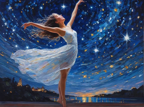 dance with canvases,gracefulness,falling star,constellation swan,star winds,starry sky,pirouette,dance,starry night,dancer,swaying,love dance,ballet master,constellation,blue star,night star,runaway star,ballet dancer,lights serenade,night stars,Conceptual Art,Oil color,Oil Color 05