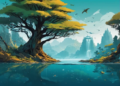 fantasy landscape,an island far away landscape,swampy landscape,mushroom landscape,forest landscape,futuristic landscape,landscape background,floating islands,underwater landscape,lagoon,elven forest,river landscape,forests,the forests,world digital painting,waterscape,druid grove,water scape,virtual landscape,bird kingdom,Conceptual Art,Sci-Fi,Sci-Fi 01