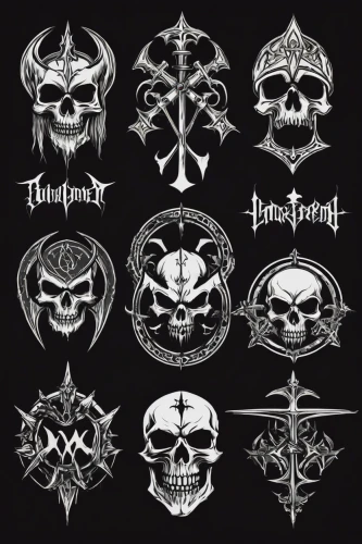 skull and crossbones,skull and cross bones,thrash metal,crown icons,the seven deadly sins,logos,skulls,iron cross,cross bones,pentagram,blackmetal,skulls and,set of icons,fairy tale icons,discography,testament,heraldry,dental icons,skulls bones,metal toys,Illustration,Retro,Retro 04