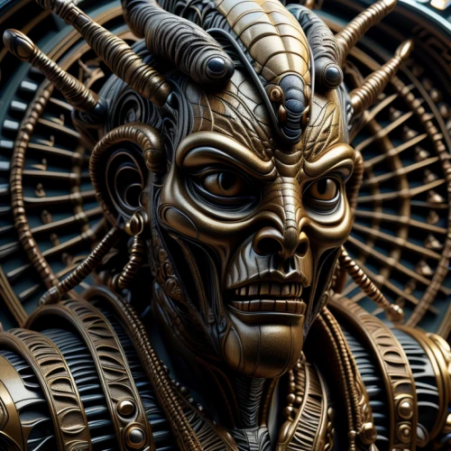 biomechanical,gorgon,alien warrior,tribal chief,cybernetics,png sculpture,shamanic,district 9,golden mask,the aztec calendar,warlord,poseidon god face,gold mask,emperor,shamanism,fractalius,wood carving,aztec,shaman,aztecs