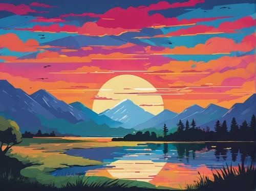 mountain sunrise,alpine sunset,alaska,teton,landscape background,montana,evening lake,mountains,dusk background,vermilion lakes,mountain lake,dusk,coast sunset,mountainlake,sunset,mountain,incredible sunset over the lake,mountain range,acid lake,colorful background,Illustration,Japanese style,Japanese Style 06