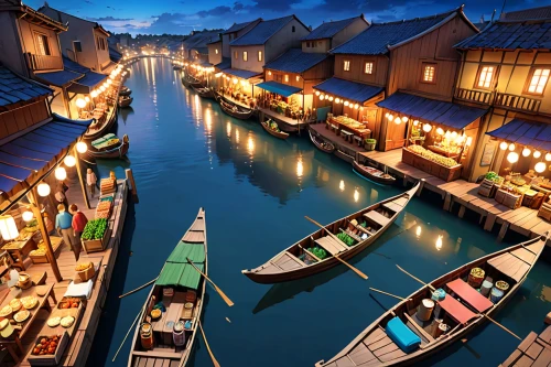 floating market,southeast asia,floating huts,hoian,hoi an,suzhou,fishing village,stilt houses,asian architecture,teal blue asia,thailand,wooden boats,boat yard,boat harbor,canals,row boats,floating restaurant,gondolas,grand canal,colmar,Anime,Anime,General