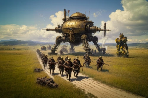 steampunk,yellow machinery,massively multiplayer online role-playing game,mech,game art,dreadnought,fallout4,mecha,digital compositing,bumblebee,patrols,plains,post apocalyptic,fallout,pilgrimage,wasteland,district 9,nomads,travelers,robot combat