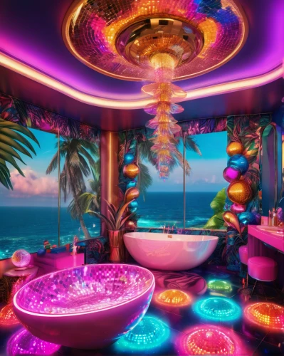 ufo interior,neon candies,neon cocktails,nightclub,beach bar,neon drinks,delight island,colored lights,party decoration,ocean paradise,diamond lagoon,south beach,dream beach,neon light drinks,party lights,tropical house,teacups,pool bar,3d fantasy,beach restaurant,Illustration,Realistic Fantasy,Realistic Fantasy 38