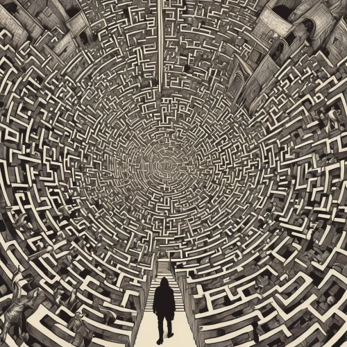 panopticon,labyrinth,wormhole,maze,anechoic,wall tunnel,concentric,klaus rinke's time field,manhole,escher,tunnel,portals,macroperspective,the center of symmetry,slide tunnel,inner space,photomontage,panoramical,chaos theory,vortex,Illustration,Retro,Retro 06