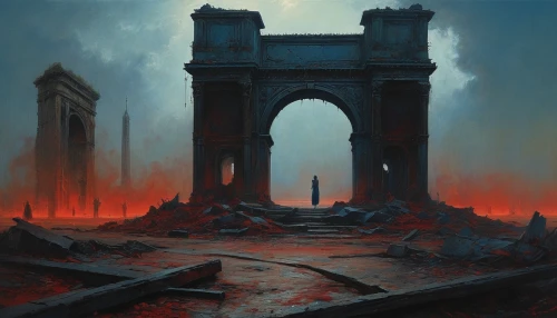necropolis,destroyed city,scorched earth,ruins,ruin,hall of the fallen,apocalyptic,pompeii,post-apocalyptic landscape,city in flames,the ruins of the,desolation,demolition,apocalypse,pillar of fire,mausoleum ruins,desolate,portal,door to hell,inferno,Photography,General,Natural