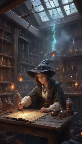 apothecary,candlemaker,merchant,tinsmith,potions,watchmaker,shopkeeper,clockmaker,librarian,alchemy,blacksmith,potter's wheel,witch's hat,scholar,hatmaking,sci fiction illustration,debt spell,divination,wizard,metalsmith,Conceptual Art,Fantasy,Fantasy 12
