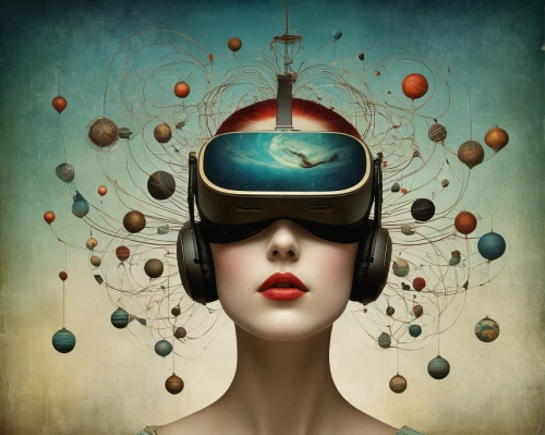 surrealism,virtual identity,cybernetics,sci fiction illustration,equilibrist,pear cognition,bicycle helmet,virtual world,surrealistic,science fiction,diving bell,self hypnosis,diving helmet,science-fiction,neural pathways,consciousness,woman thinking,immersed,receptor,virtual reality,Illustration,Realistic Fantasy,Realistic Fantasy 35