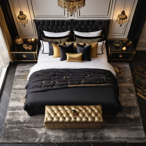 bed linen,bedding,boutique hotel,bed,guest room,four-poster,bed skirt,guestroom,bed frame,luxurious,black and gold,antler velvet,ornate room,duvet cover,luxury hotel,waterbed,contemporary decor,modern decor,luxury,gold foil corner,Photography,General,Natural