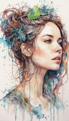 boho art,watercolor women accessory,mystical portrait of a girl,girl in flowers,watercolor painting,dryad,watercolor pencils,fantasy portrait,watercolor paint strokes,art painting,flora,watercolor paint,faery,kahila garland-lily,watercolor background,world digital painting,girl in a wreath,watercolor floral background,girl portrait,watercolor,Illustration,Paper based,Paper Based 13