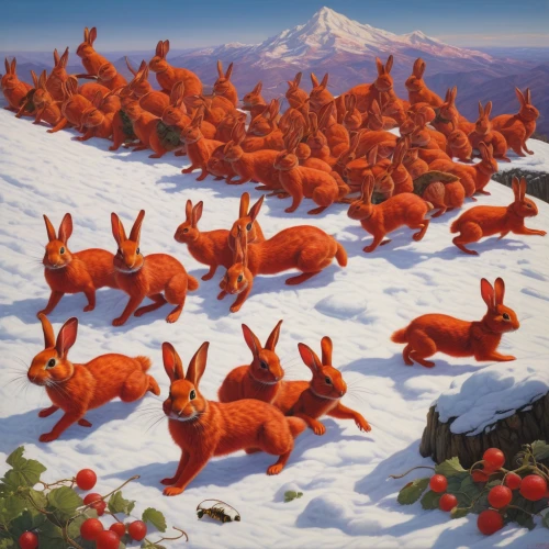 hares,hare field,rabbits and hares,hare of patagonia,rabbits,hare trail,female hares,bunnies,buffaloberries,red bugs,easter rabbits,rabbit family,carrots,pere davids deer,kangaroo mob,arctic hare,lepus europaeus,wild hare,the sea of red,hare window,Illustration,Realistic Fantasy,Realistic Fantasy 03