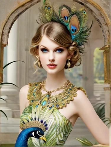 fairy peacock,fairy queen,peacock,ornamental bird,exotic bird,faerie,floral and bird frame,necklace with winged heart,fantasy art,faery,fairy tale character,tropical bird,laurel wreath,feather jewelry,fauna,an ornamental bird,fantasy picture,bridal accessory,blue peacock,fantasy portrait