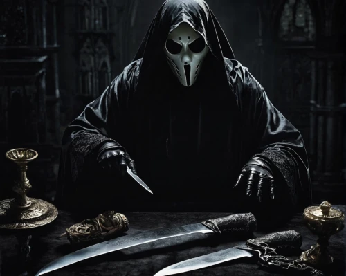 grimm reaper,grim reaper,reaper,hooded man,scythe,shinigami,skeleton key,male mask killer,knife head,blackmetal,death god,dark art,dance of death,anonymous,specter,watchmaker,with the mask,scull,assassin,fawkes mask,Illustration,Realistic Fantasy,Realistic Fantasy 46