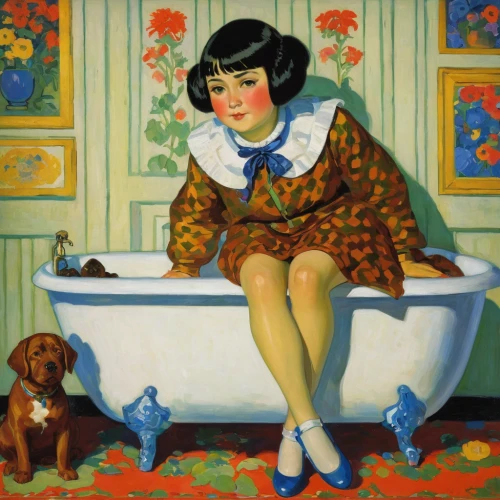 girl with dog,the girl in the bathtub,girl with cereal bowl,woman sitting,woman with ice-cream,bathtub,girl with cloth,girl sitting,bathing,woman on bed,girl with bread-and-butter,mari makinami,vintage art,woman holding pie,bath with milk,bath,rose woodruff,feminine hygiene,jean short,la violetta,Art,Classical Oil Painting,Classical Oil Painting 27