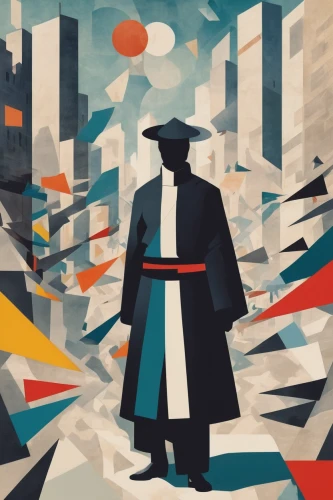 sci fiction illustration,samurai,man with umbrella,monk,low-poly,low poly,pilgrim,caped,abstract retro,lamplighter,samurai fighter,the wanderer,dystopian,wanderer,game illustration,graduate silhouettes,vector illustration,vector art,academic dress,vector graphic,Art,Artistic Painting,Artistic Painting 46