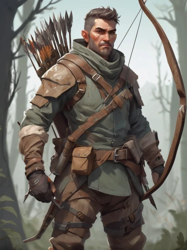 robin hood,quarterstaff,male elf,archer,huntsman,woodsman,dane axe,dwarf sundheim,bow and arrows,the wanderer,mercenary,half orc,gamekeeper,barbarian,longbow,forest man,adventurer,ranger,fantasy warrior,swordsman,Conceptual Art,Fantasy,Fantasy 01