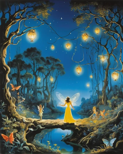 fantasia,fantasy picture,forest of dreams,fireflies,fairy lanterns,children's fairy tale,fairy world,enchanted,fairy forest,enchanted forest,fairy tale,fairies aloft,faerie,a fairy tale,magic tree,fairytales,fairy tales,the night of kupala,rem in arabian nights,light of night,Art,Artistic Painting,Artistic Painting 20