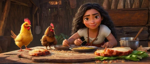 dwarf cookin,agnes,moana,cockerel,chicken run,tangled,animated cartoon,chicken yard,bahian cuisine,arrowroot family,gnomes at table,russo-european laika,caldo de pollo,chicken soup,the chicken,chicken bird,merida,laika,girl with bread-and-butter,make chicken,Art,Classical Oil Painting,Classical Oil Painting 18