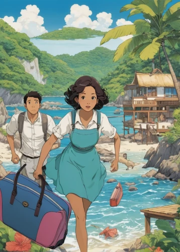 studio ghibli,lilo,honolulu,island residents,fiji,travel poster,kei islands,antigua,shirakami-sanchi,girl and boy outdoor,yo-kai,idyllic,travelers,guam,hiyayakko,aloha,bora-bora,malasada,kalua,galapagos,Illustration,Japanese style,Japanese Style 10